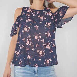Jolt Navy Floral Sheer Blouse with Cold-Shoulder Sleeves Size Medium